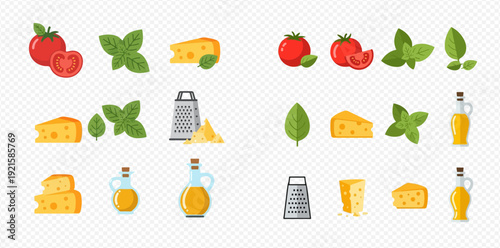 A collection of flat design icons showing fresh Italian food ingredients like tomatoes, basil, cheese, and olive oil.