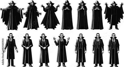 Gothic vampire silhouette illustration, noir detective character design, dark cloak and trench coat artwork, mysterious figure concept, creative storytelling graphic