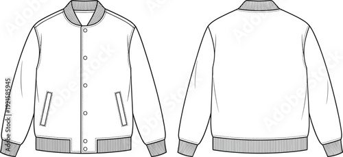 Technical Line Art Illustration of Varsity Jacket Front and Back View Casual College Style Outerwear Apparel Design Template with Snap Buttons and Ribbed Trim