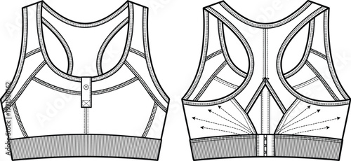 Technical Line Art Illustration of Women’s Sports Bra Front and Back View with Mesh Panels, Racerback Design, and Support Structure Details Breathable Performance Fabric Concept