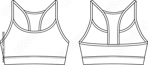 Women’s sports bra technical flat drawing, front and back view racerback athletic crop top apparel template vector line art for fashion designers production