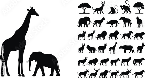 Animal vector silhouettes giraffe elephant and more isolated on transparent background