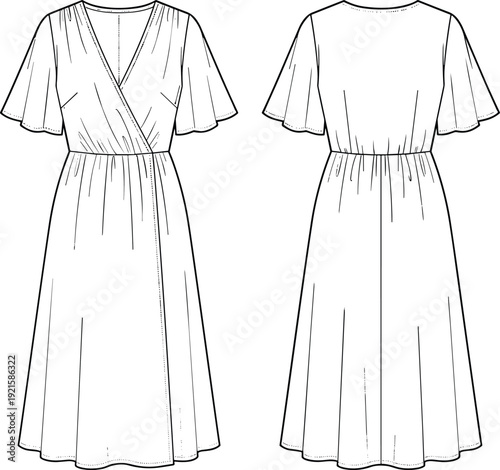 Technical Line Art Illustration of Wrap Midi Dress Front and Back View Short Sleeve Apparel Fashion Design Template with Waist Gathering and Seam Details