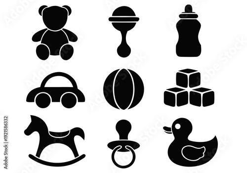 Black Silhouette Baby Toys Icon Set – Children Toy Vector Collection