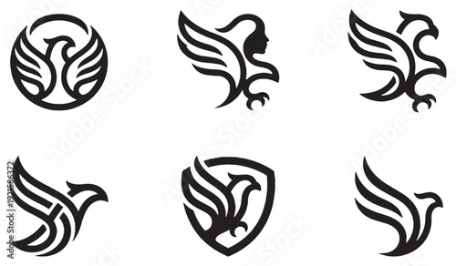 Collection of stylized eagle and griffin logos, representing strength and freedom in graphic design.