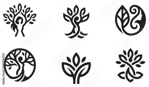 Set of stylized tree logos with human figures and leaves, representing nature and life.