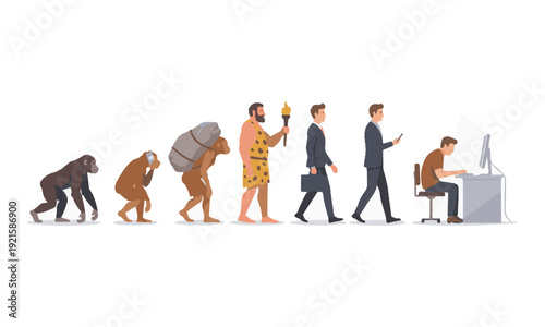 Human Evolution from Ape to Modern Man Hunched Over Computer