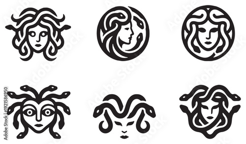Collection of stylized Medusa head icons with snakes for hair, representing mythology and ancient Greece.