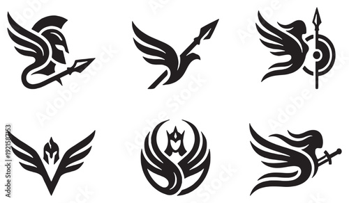 Collection of stylized winged mythical creatures and warrior helmets, symbolizing victory and power.