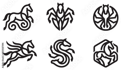 Collection of stylized horse logos and icons in a minimalist line art style.