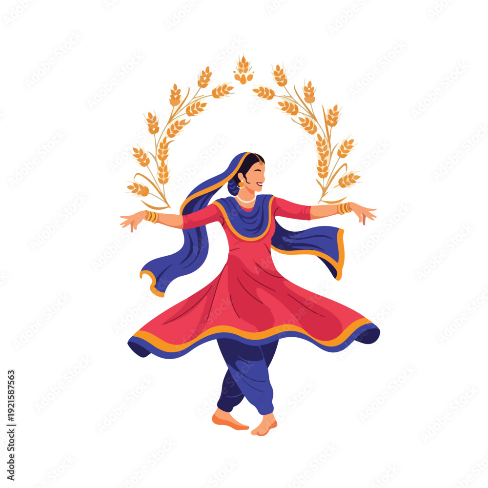 Fototapeta premium A cartoon woman in a colorful traditional outfit dancing with arms outstretched, surrounded by a wreath of wheat, against a clean white background with a vibrant and lively mood.