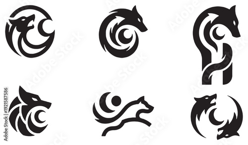 Collection of stylized wolf logos and icons in black and white, representing power and nature.