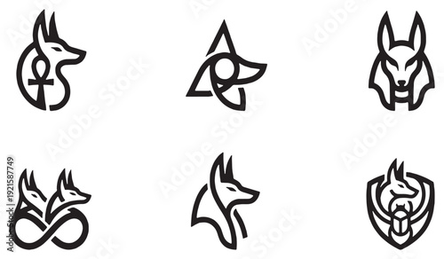 Collection of stylized Egyptian Anubis and scarab beetle icons, representing ancient mythology and symbols.