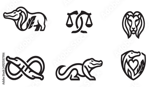Collection of stylized line art icons representing zodiac signs and mythical creatures.