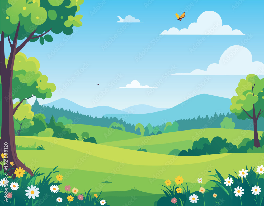 Naklejka premium Summer landscape with green hills, mountains and flower meadow under blue sky. Beautiful nature background with trees and clouds. Vector illustration for travel, eco and environment design. Vector.