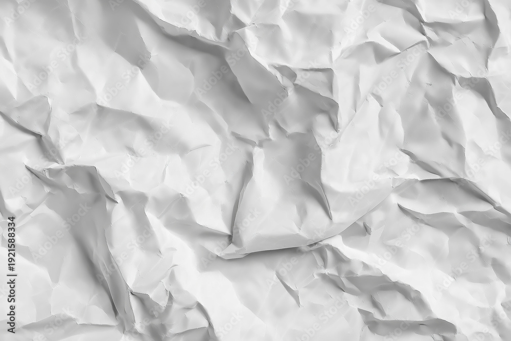 Fototapeta premium Minimalist white crumpled paper texture with sharp creases and deep shadows, abstract wrinkled background for clean stationery design