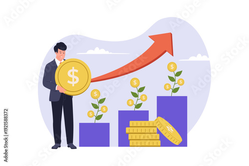 Compound Interest Concept with Growing Money Plants and Rising Arrow Illustration. Illustration showing the power of compound interest with coins growing into plants and a red arrow trending upwards