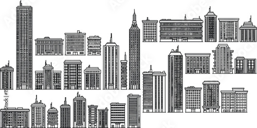 Stylized city architecture illustration, diverse urban skyline design, skyscraper and building artwork, metropolitan planning concept, black and white graphic art