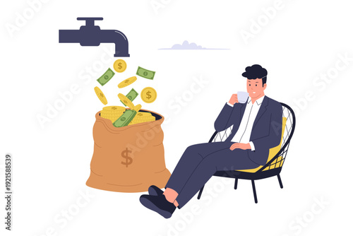 Passive Income Concept with Businessman Relaxing while Money Flows from Faucet. A relaxed businessman drinking coffee while money and gold coins flow continuously from a water tap into a large sack.