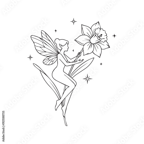 Fairy reaching for daffodil flower line art. Minimalist tattoo design of pixie and blooming plant with sparkles. Black and white outline vector illustration.
