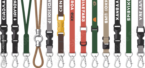 A flat design illustration of various lanyard styles arranged in a horizontal line against a white background.