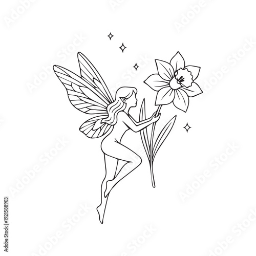 Fairy reaching for daffodil flower line art. Minimalist tattoo design of pixie and blooming plant with sparkles. Black and white outline vector illustration.
