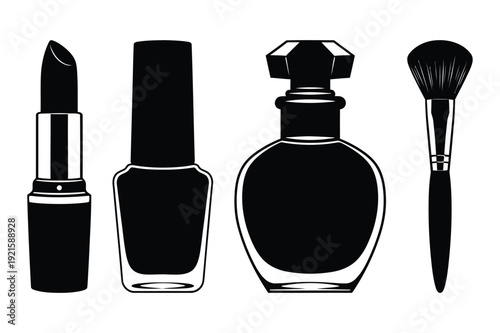 Black Silhouette Icons: Lipstick, Nail Polish, Perfume, Brush