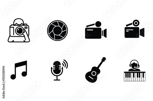 Media and Entertainment Icons: Camera, Music, Video, Keyboard