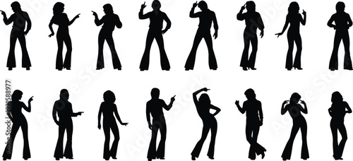 Collection of dance silhouettes in retro disco style, dynamic poses, movement illustration, rhythm concept, artistic design, body motion figures