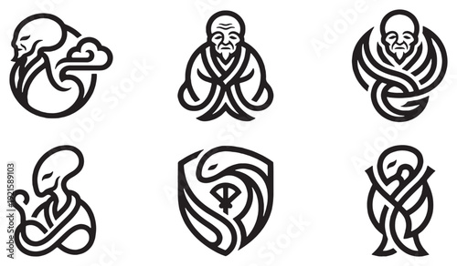 Set of six abstract line art logos featuring stylized figures and symbols, including aliens and a wise elder.