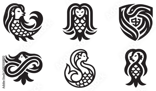 Collection of stylized mermaid icons and symbols, black and white graphic design elements.