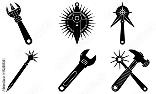 Collection of black hammer and wrench icons on white background, symbolizing industry and craftsmanship