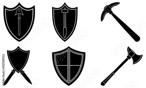 A collection of medieval shields and weapons including swords and hammers illustrated in black