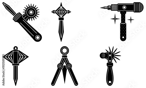 Collection of black and white illustrations showcasing various sharp tools and instruments