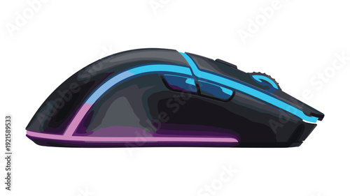 Black computer mouse with blue accents purple side view