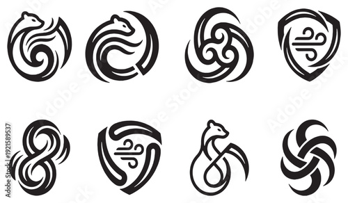 Collection of stylized abstract symbols and icons representing nature, elements, and abstract concepts in a minimalist black and white design.