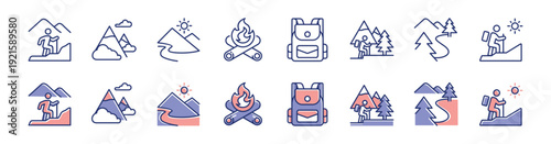 Simple mountain outdoor adventure icon line set. Wilderness exploration camping trip journey nature forest hiking signs vector outline illustration