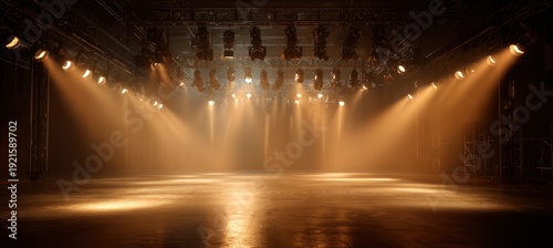 Panel kuchenny z motywem Empty stage with dramatic lighting setup in a large performance venue, spotlight beams illuminating floor