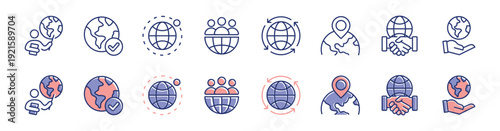 World globe earth map icon line set. Business worldwide international network connection, geography country border, travel direction, global partnership cooperate signs vector illustration