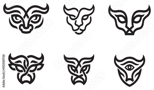 Collection of stylized bull and cat head icons in a minimalist line art style.