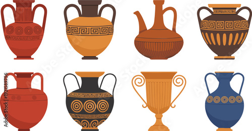 A flat, minimalist illustration of eight ancient Greek ceramic vessels arranged in two rows of four.