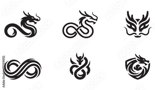 Collection of stylized black dragon icons and symbols, representing power and mythology.