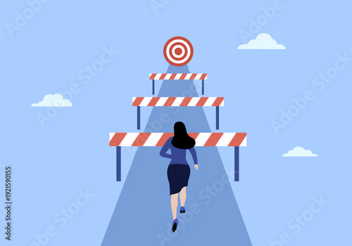 An illustration of businesswoman jump over hurdles to get red flag. Overcoming obstacles to reach goals. Business challenges concept.