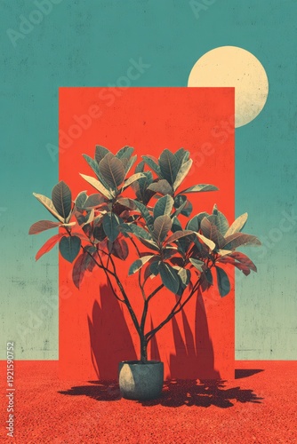 Stylized Indoor Plant with Lush Green Leaves Against Bold Red Geometric Background and Bright Sun