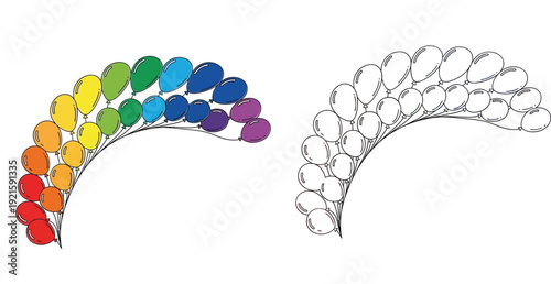 Colorful rainbow balloon arch and black outline line art version for coloring book. Festive party vector illustration isolated on white.