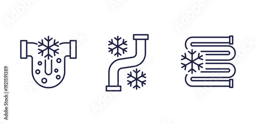 frozen pipe line icons, pipes freezing in winter