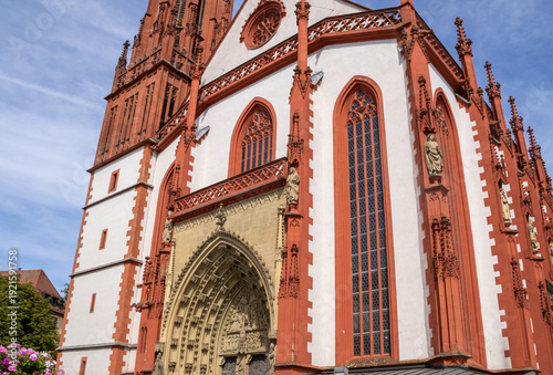 Würzburg, Germany – The Marienkapelle (St Mary’s Chapel), iconic Gothic church in the historic market square, known for its red-and-white façade and medieval architecture.