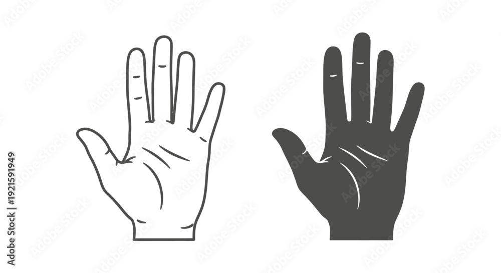 Fototapeta premium Two human hands showing open palm, one outline and one solid black, isolated white background.