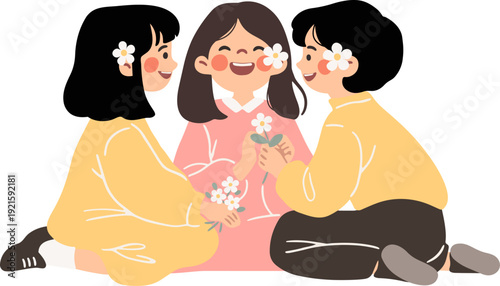 happy girls chatting with flower character vector illustration