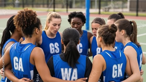 Diverse Young Women Netball Team Huddle on Outdoor Court for Strategy and Motivation